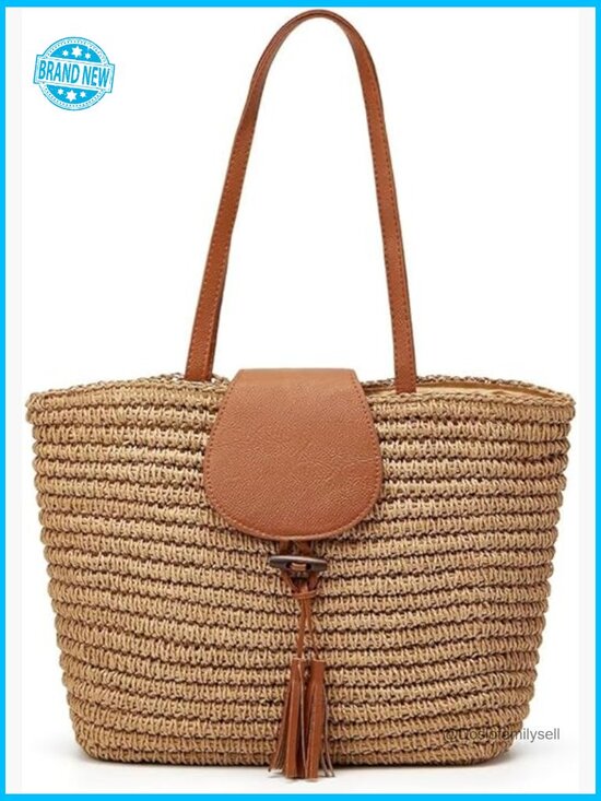 Handbags - Woven Straw Tote Bag Large Beach Shoulder Purse Boho Minimal Chic Summer